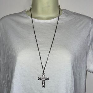 Dark silver tone rhinestone cross pendant necklace‎